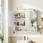 Hzuaneri Bathroom Mirror Cabinet with Lighting, Bathroom Cabinet with Mirror, Wall Cabinet, Hair Dryer Holder and Hooks, with Plug, Adjustable Shelves, White, 16.5 x 70 x 75 cm MC10103X