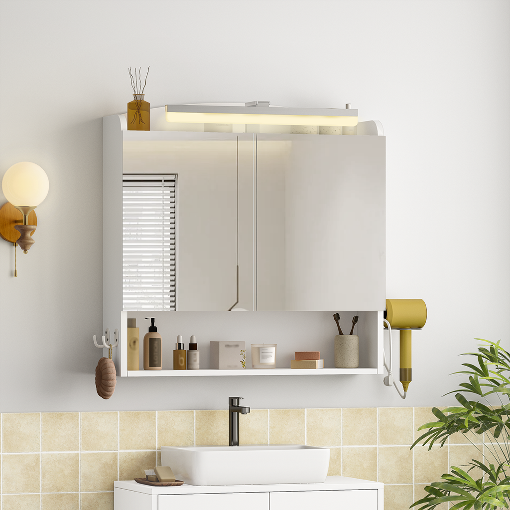 Hzuaneri Bathroom Mirror Cabinet with Lighting, Bathroom Cabinet with Mirror, Wall Cabinet, Hair Dryer Holder and Hooks, with Plug, Adjustable Shelves, White, 16.5 x 70 x 75 cm MC10103X