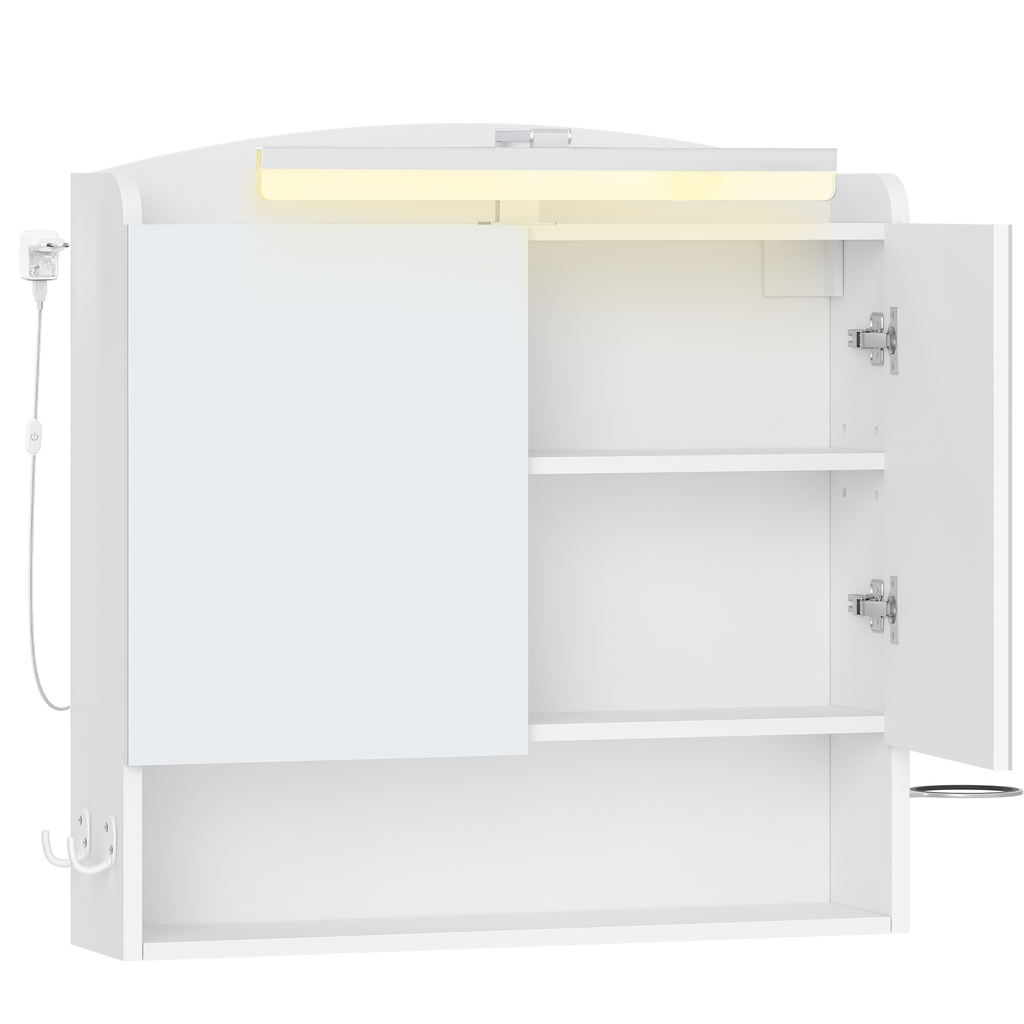 Hzuaneri Bathroom Mirror Cabinet with Lighting, Bathroom Cabinet with Mirror, Wall Cabinet, Hair Dryer Holder and Hooks, with Plug, Adjustable Shelves, White, 16.5 x 70 x 75 cm MC10103X