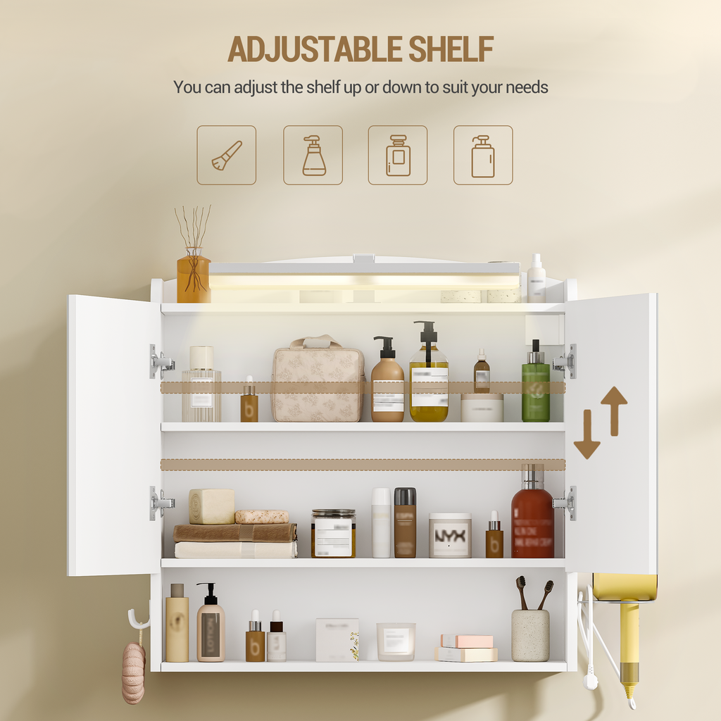 Hzuaneri Bathroom Mirror Cabinet with Lighting, Bathroom Cabinet with Mirror, Wall Cabinet, Hair Dryer Holder and Hooks, with Plug, Adjustable Shelves, White, 16.5 x 70 x 75 cm MC10103X