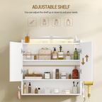 Hzuaneri Bathroom Mirror Cabinet with Lighting, Bathroom Cabinet with Mirror, Wall Cabinet, Hair Dryer Holder and Hooks, with Plug, Adjustable Shelves, White, 16.5 x 70 x 75 cm MC10103X