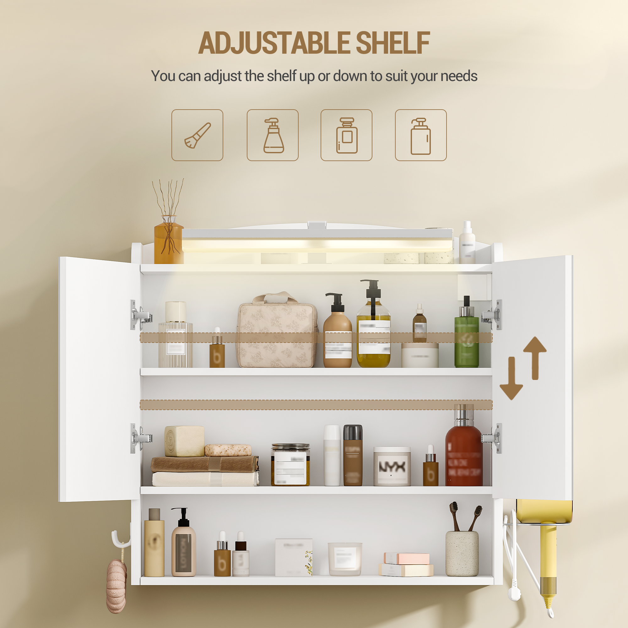Hzuaneri Bathroom Mirror Cabinet with Lighting, Bathroom Cabinet with Mirror, Wall Cabinet, Hair Dryer Holder and Hooks, with Plug, Adjustable Shelves, White, 16.5 x 70 x 75 cm MC10103X