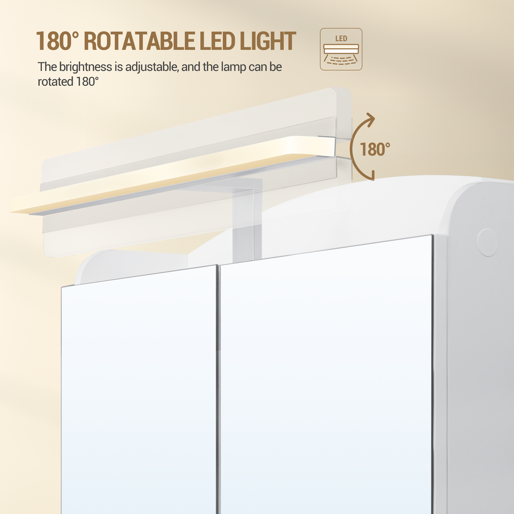 Hzuaneri Bathroom Mirror Cabinet with Lighting, Bathroom Cabinet with Mirror, Wall Cabinet, Hair Dryer Holder and Hooks, with Plug, Adjustable Shelves, White, 16.5 x 70 x 75 cm MC10103X