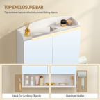 Hzuaneri Bathroom Mirror Cabinet with Lighting, Bathroom Cabinet with Mirror, Wall Cabinet, Hair Dryer Holder and Hooks, with Plug, Adjustable Shelves, White, 16.5 x 70 x 75 cm MC10103X