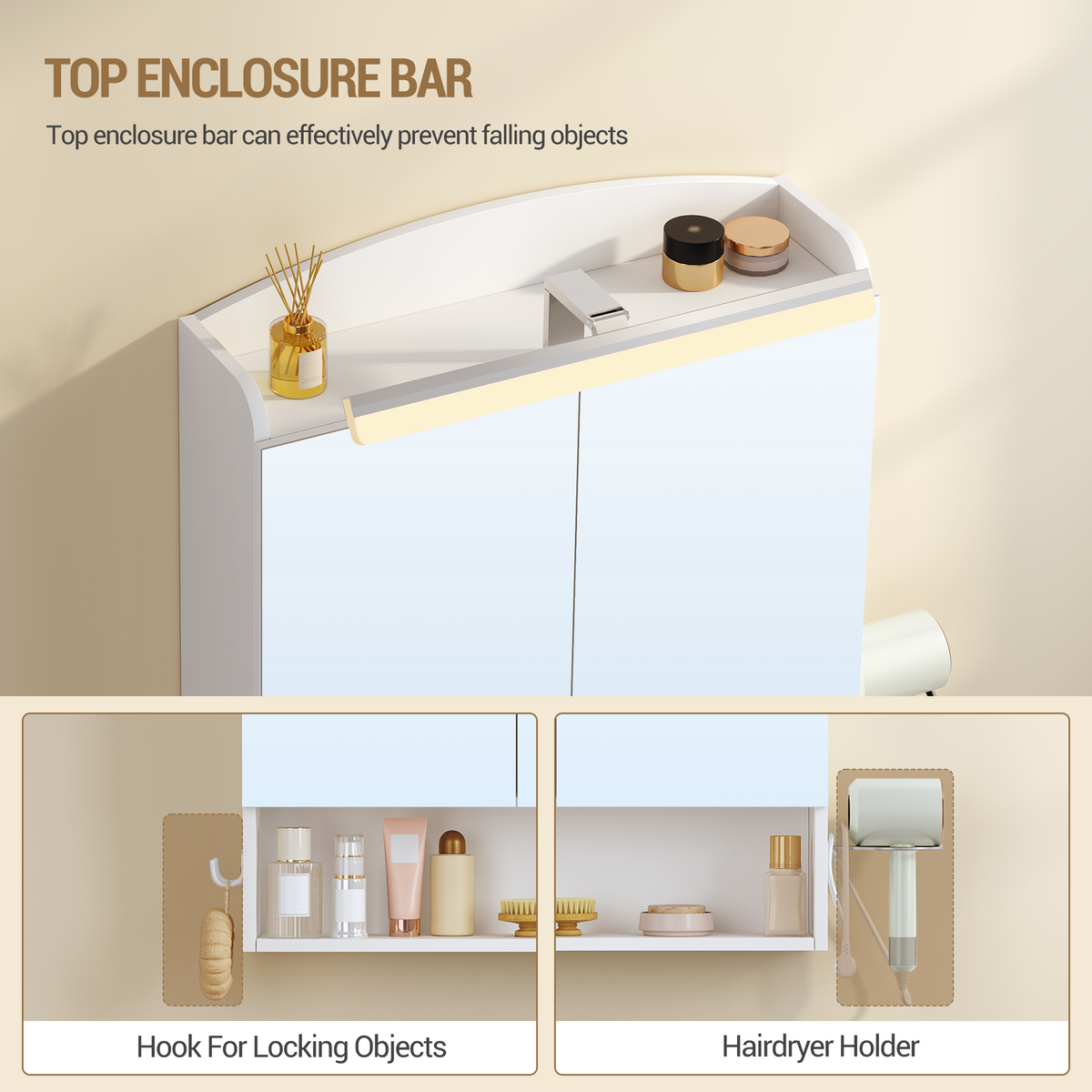 Hzuaneri Bathroom Mirror Cabinet with Lighting, Bathroom Cabinet with Mirror, Wall Cabinet, Hair Dryer Holder and Hooks, with Plug, Adjustable Shelves, White, 16.5 x 70 x 75 cm MC10103X