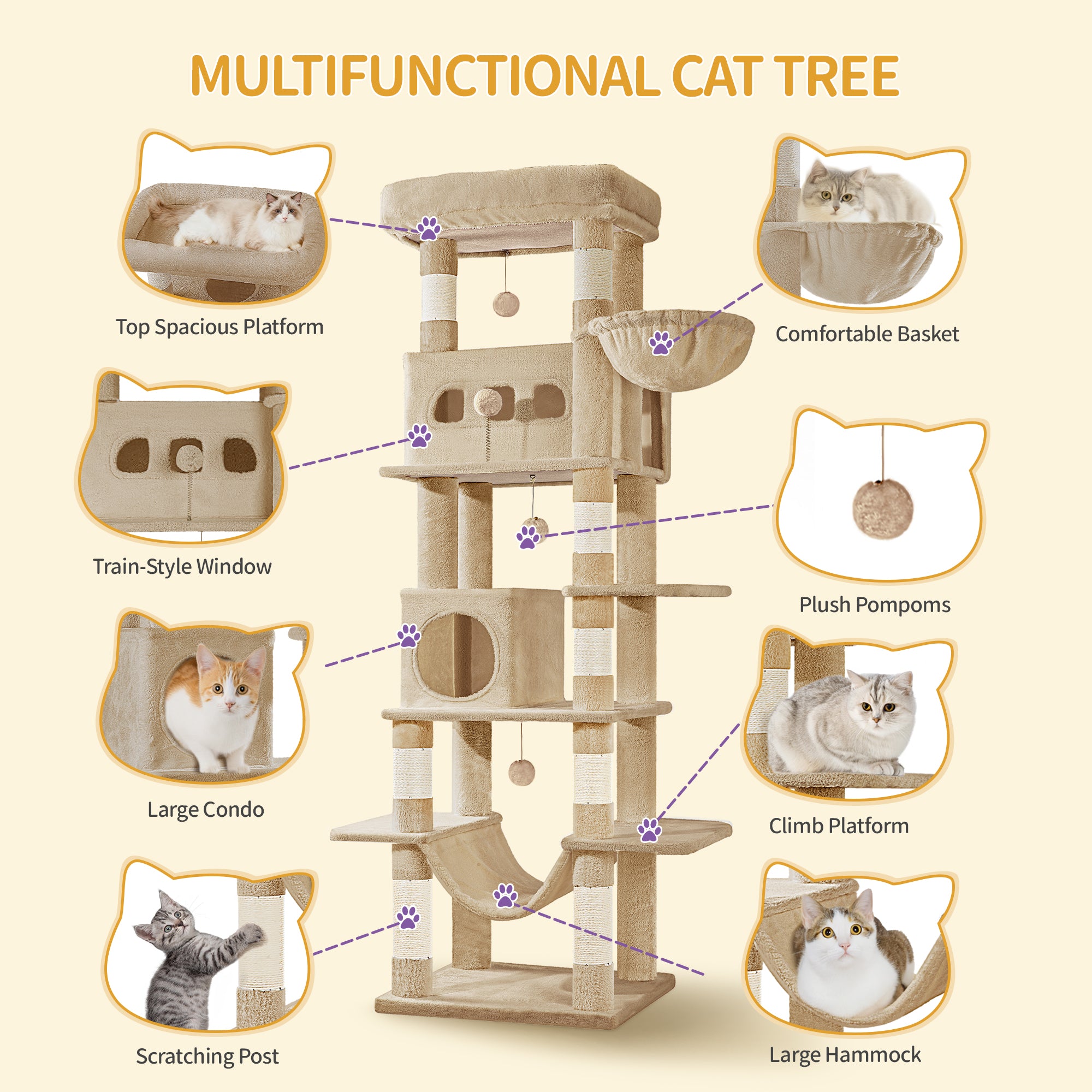 Hzuaneri Cat Tree for Indoor Cats, 170 cm Large Tall Cat Tower, Multi-Level Cats House with Condo, 8 Scratching Posts, Hammock, 4 Pom Poms, Camel Brown MS17018LC