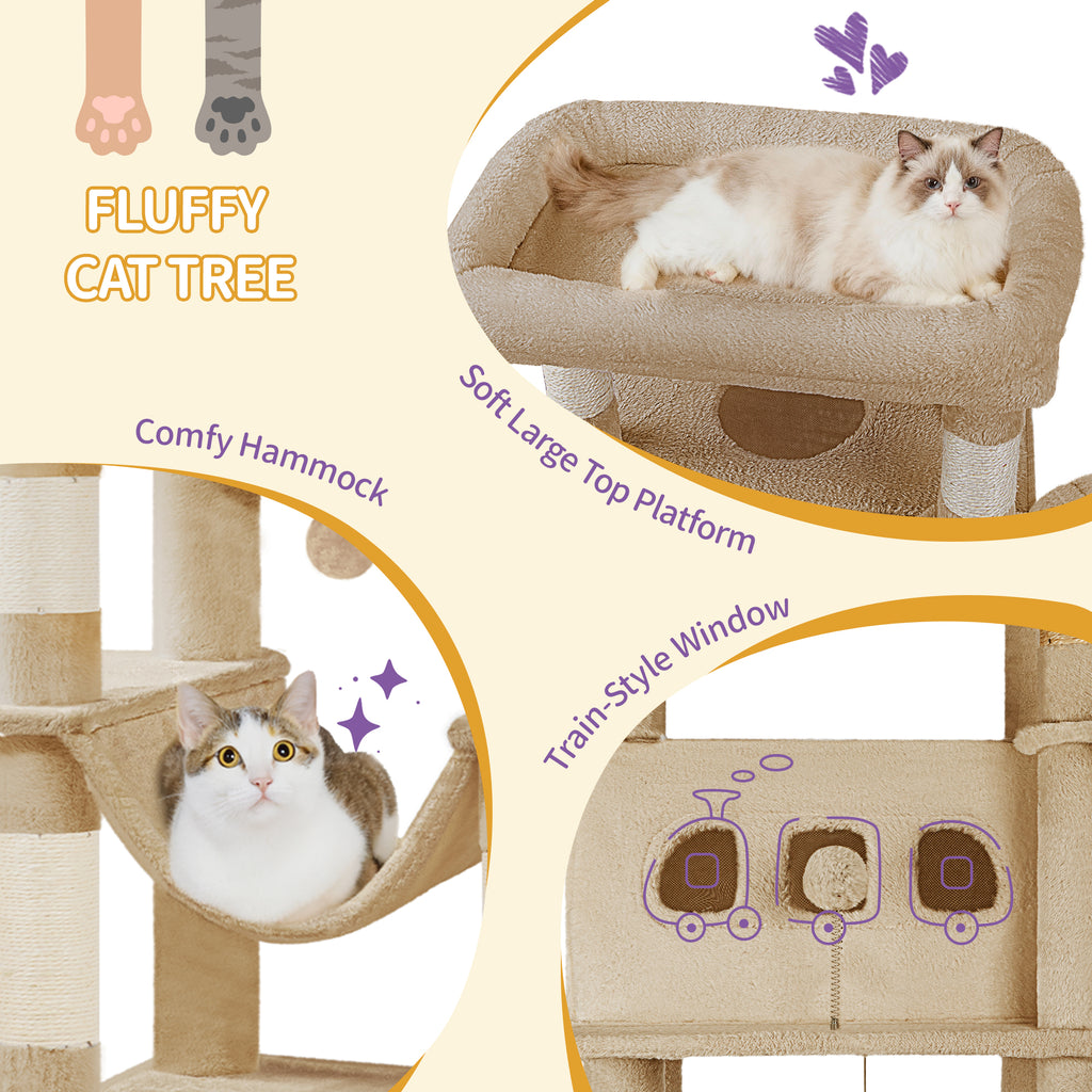 Hzuaneri Cat Tree for Indoor Cats, 170 cm Large Tall Cat Tower, Multi-Level Cats House with Condo, 8 Scratching Posts, Hammock, 4 Pom Poms, Camel Brown MS17018LC