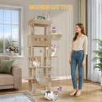 Hzuaneri Cat Tree for Indoor Cats, 170 cm Large Tall Cat Tower, Multi-Level Cats House with Condo, 8 Scratching Posts, Hammock, 4 Pom Poms, Camel Brown MS17018LC