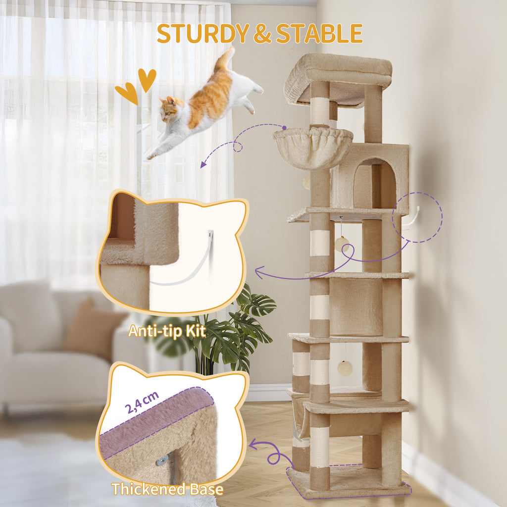 Hzuaneri Cat Tree for Indoor Cats, 170 cm Large Tall Cat Tower, Multi-Level Cats House with Condo, 8 Scratching Posts, Hammock, 4 Pom Poms, Camel Brown MS17018LC