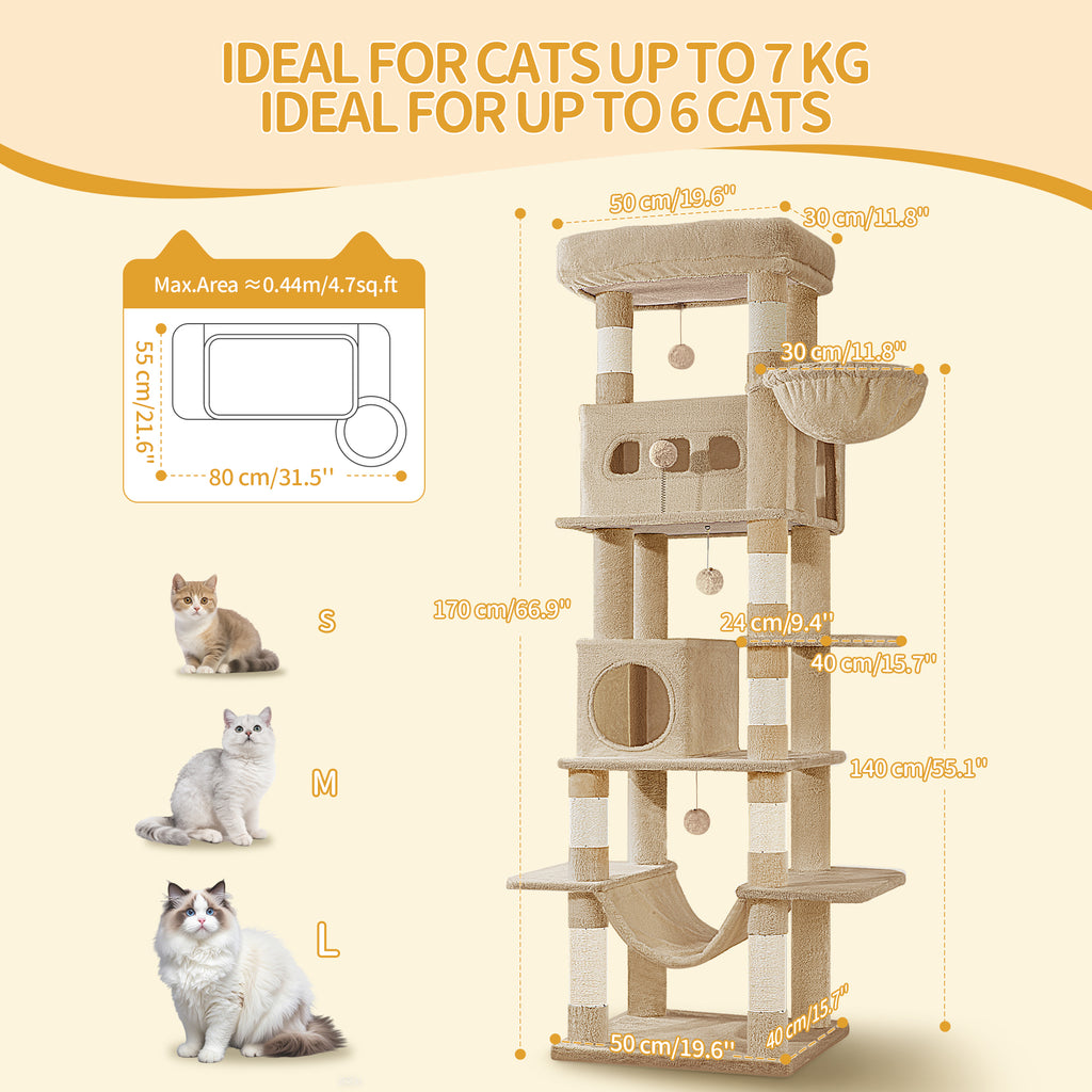 Hzuaneri Cat Tree for Indoor Cats, 170 cm Large Tall Cat Tower, Multi-Level Cats House with Condo, 8 Scratching Posts, Hammock, 4 Pom Poms, Camel Brown MS17018LC