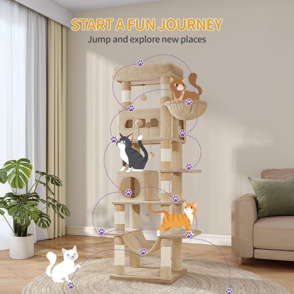 Hzuaneri Cat Tree for Indoor Cats, 170 cm Large Tall Cat Tower, Multi-Level Cats House with Condo, 8 Scratching Posts, Hammock, 4 Pom Poms, Camel Brown MS17018LC
