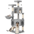 Hzuaneri Cat Tree for Indoor Cats, 174cm Cat Tower for Large Cats, 2 Platforms, 2 Caves, 4 Sisal Posts, Scratching Board, Cat Basket, Sisal Rope, Heavy-Duty for multiple cats, Light Grey MS17418LG