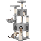 Hzuaneri Cat Tree for Indoor Cats, 174cm Cat Tower for Large Cats, 2 Platforms, 2 Caves, 4 Sisal Posts, Scratching Board, Cat Basket, Sisal Rope, Heavy-Duty for multiple cats, Light Grey MS17418LG