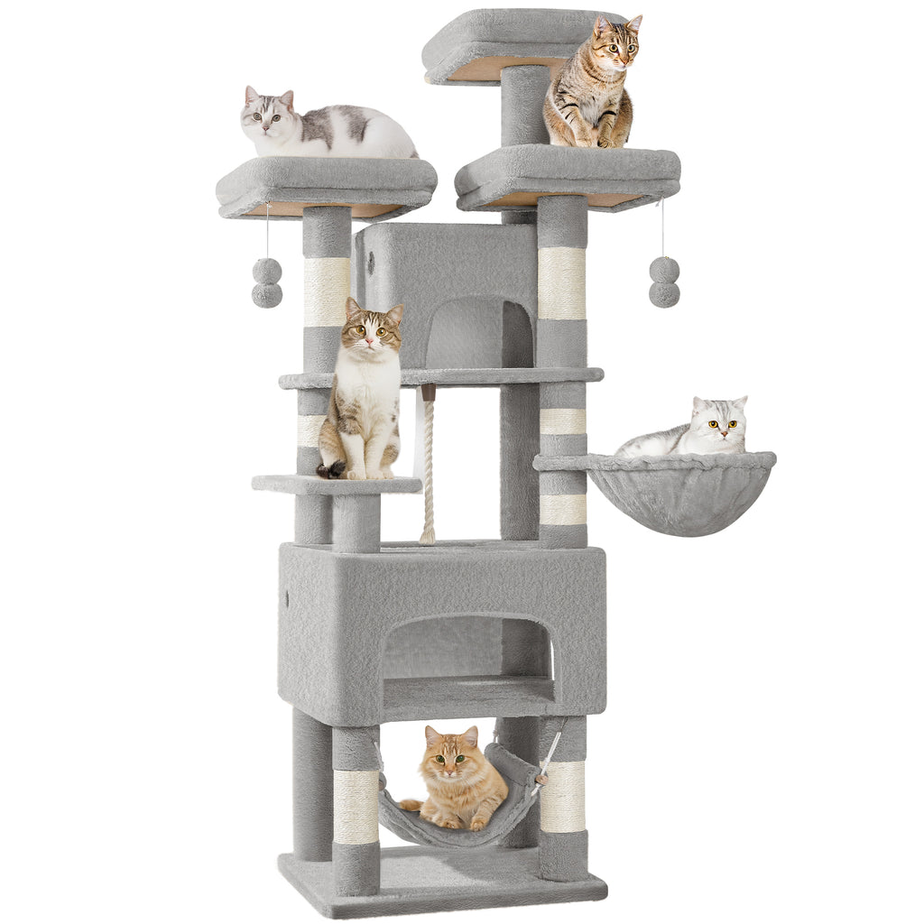 HEXCELEN Cat Tree, 176cm Cat Tree, XL, 3 Platforms, 2 Caves, 7 Scratching Posts, Light Grey