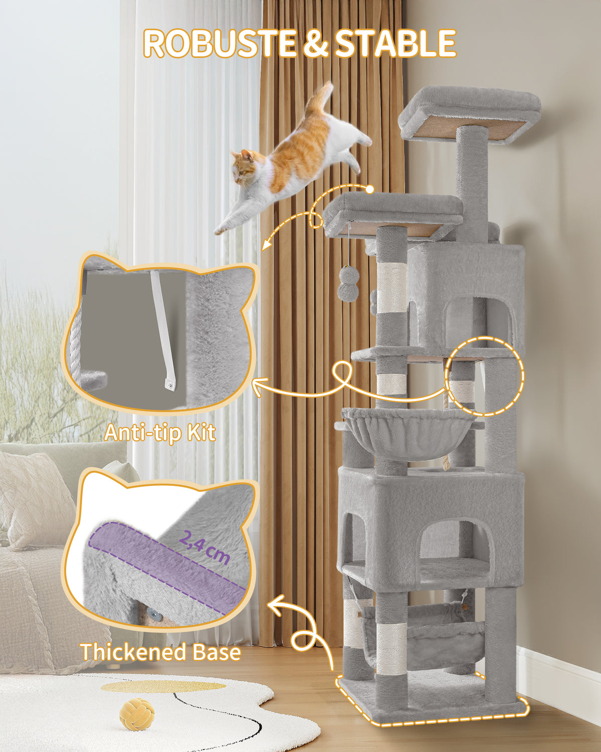 HEXCELEN Cat Tree, 176cm Cat Tree, XL, 3 Platforms, 2 Caves, 7 Scratching Posts, Light Grey
