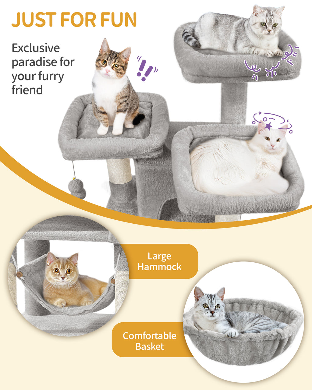 HEXCELEN Cat Tree, 176cm Cat Tree, XL, 3 Platforms, 2 Caves, 7 Scratching Posts, Light Grey