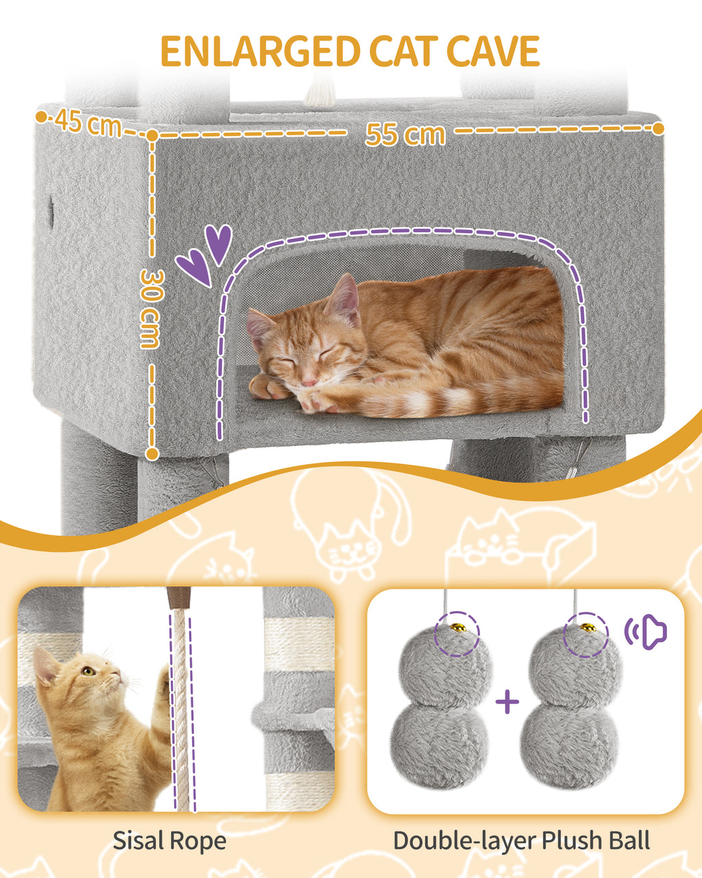 HEXCELEN Cat Tree, 176cm Cat Tree, XL, 3 Platforms, 2 Caves, 7 Scratching Posts, Light Grey