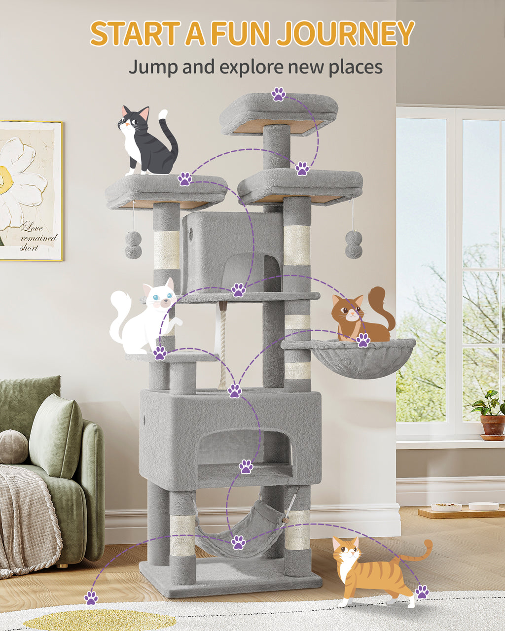HEXCELEN Cat Tree, 176cm Cat Tree, XL, 3 Platforms, 2 Caves, 7 Scratching Posts, Light Grey
