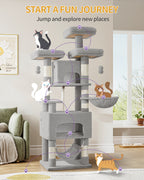 HEXCELEN Cat Tree, 176cm Cat Tree, XL, 3 Platforms, 2 Caves, 7 Scratching Posts, Light Grey