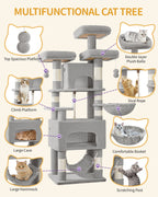 HEXCELEN Cat Tree, 176cm Cat Tree, XL, 3 Platforms, 2 Caves, 7 Scratching Posts, Light Grey