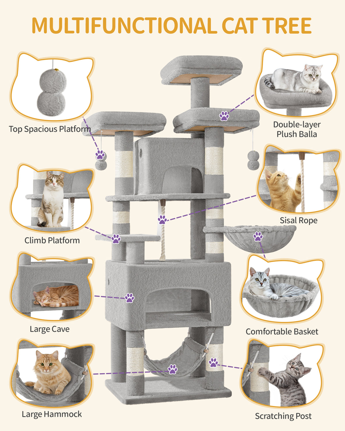 HEXCELEN Cat Tree, 176cm Cat Tree, XL, 3 Platforms, 2 Caves, 7 Scratching Posts, Light Grey