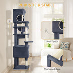 Hzuaneri 178 cm Cat Tree for Indoor Cats, Multi-layer Scratching Post with Large Platform, 2 Caves, 7 Sisal Posts, Pompoms, Cat Basket, Hammock, Suitable for Cats, Dark Grey MS17818SG