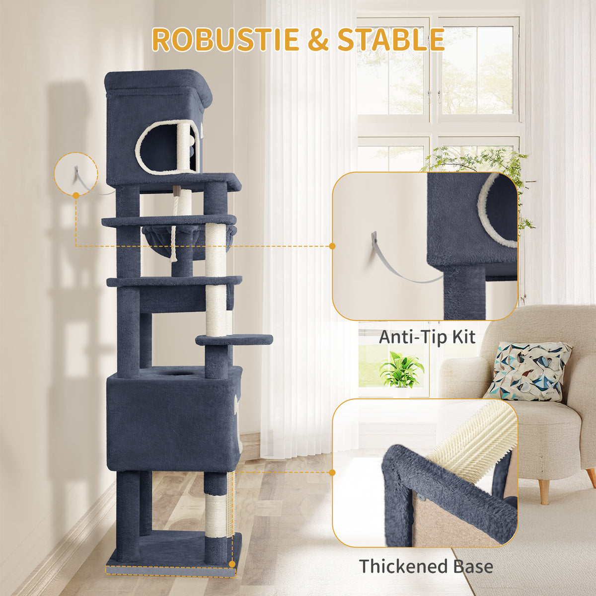Hzuaneri 178 cm Cat Tree for Indoor Cats, Multi-layer Scratching Post with Large Platform, 2 Caves, 7 Sisal Posts, Pompoms, Cat Basket, Hammock, Suitable for Cats, Dark Grey MS17818SG