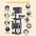 Hzuaneri 178 cm Cat Tree for Indoor Cats, Multi-layer Scratching Post with Large Platform, 2 Caves, 7 Sisal Posts, Pompoms, Cat Basket, Hammock, Suitable for Cats, Dark Grey MS17818SG