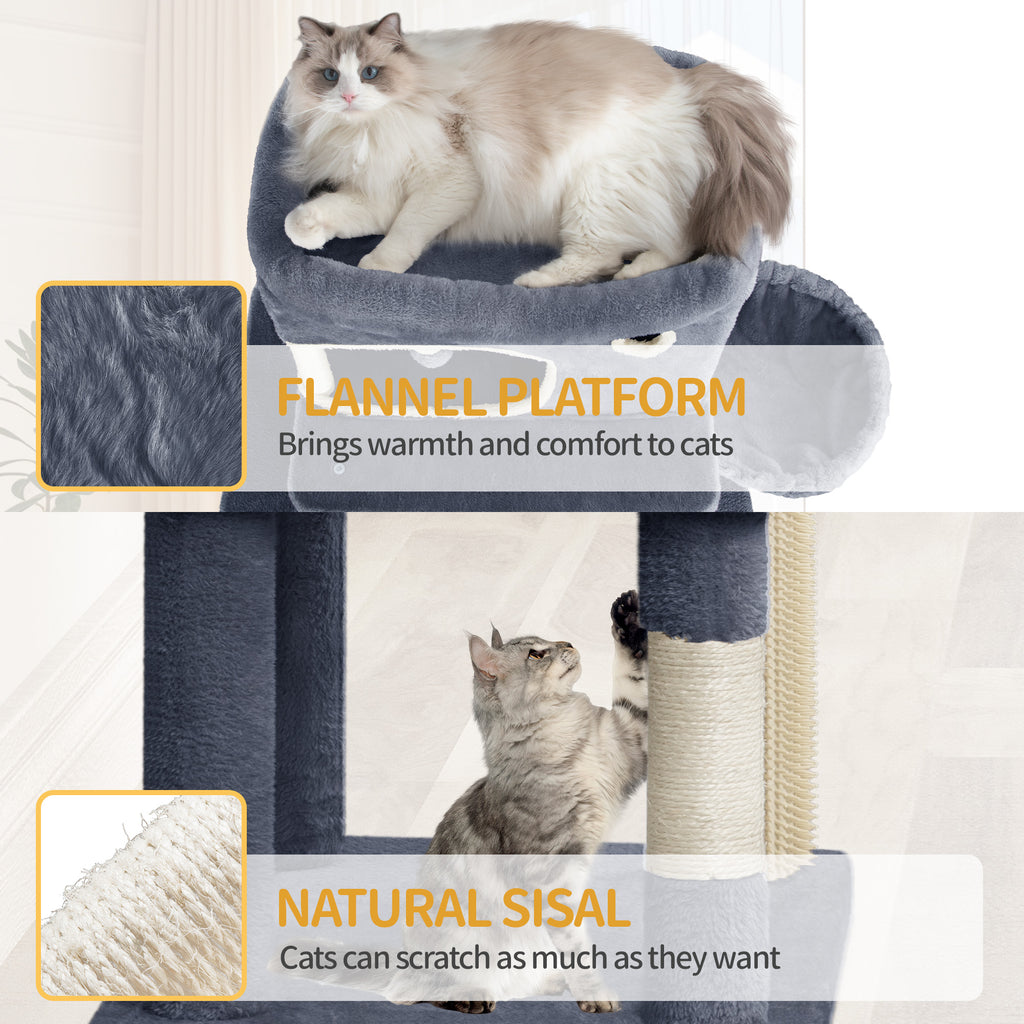 Hzuaneri 178 cm Cat Tree for Indoor Cats, Multi-layer Scratching Post with Large Platform, 2 Caves, 7 Sisal Posts, Pompoms, Cat Basket, Hammock, Suitable for Cats, Dark Grey MS17818SG