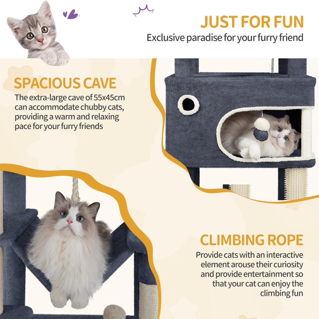 Hzuaneri 178 cm Cat Tree for Indoor Cats, Multi-layer Scratching Post with Large Platform, 2 Caves, 7 Sisal Posts, Pompoms, Cat Basket, Hammock, Suitable for Cats, Dark Grey MS17818SG