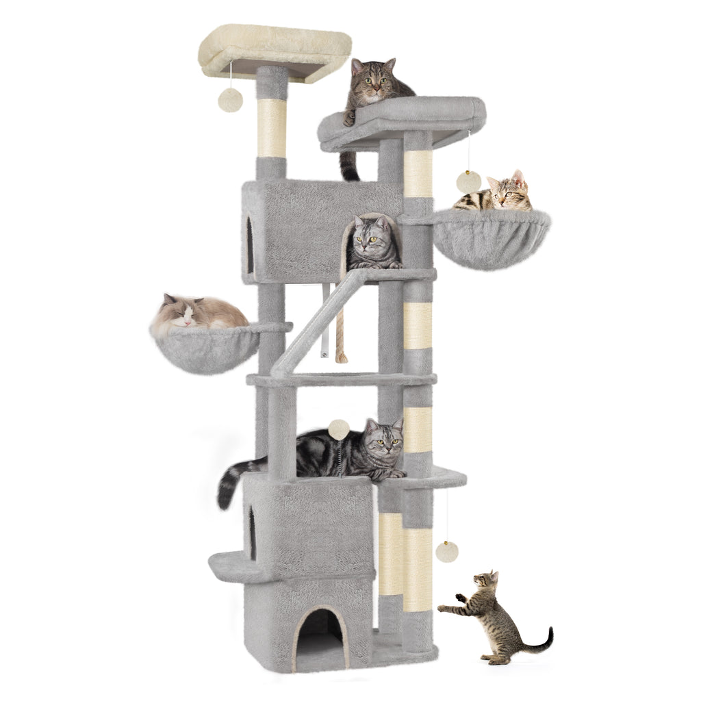 HEXCELEN  Large Cat Tree, 185cm Stable Cat Tree with 6 Scratching Posts, 3 Caves, 2 Viewing Platforms, 2 Baskets, 4 Plush Balls