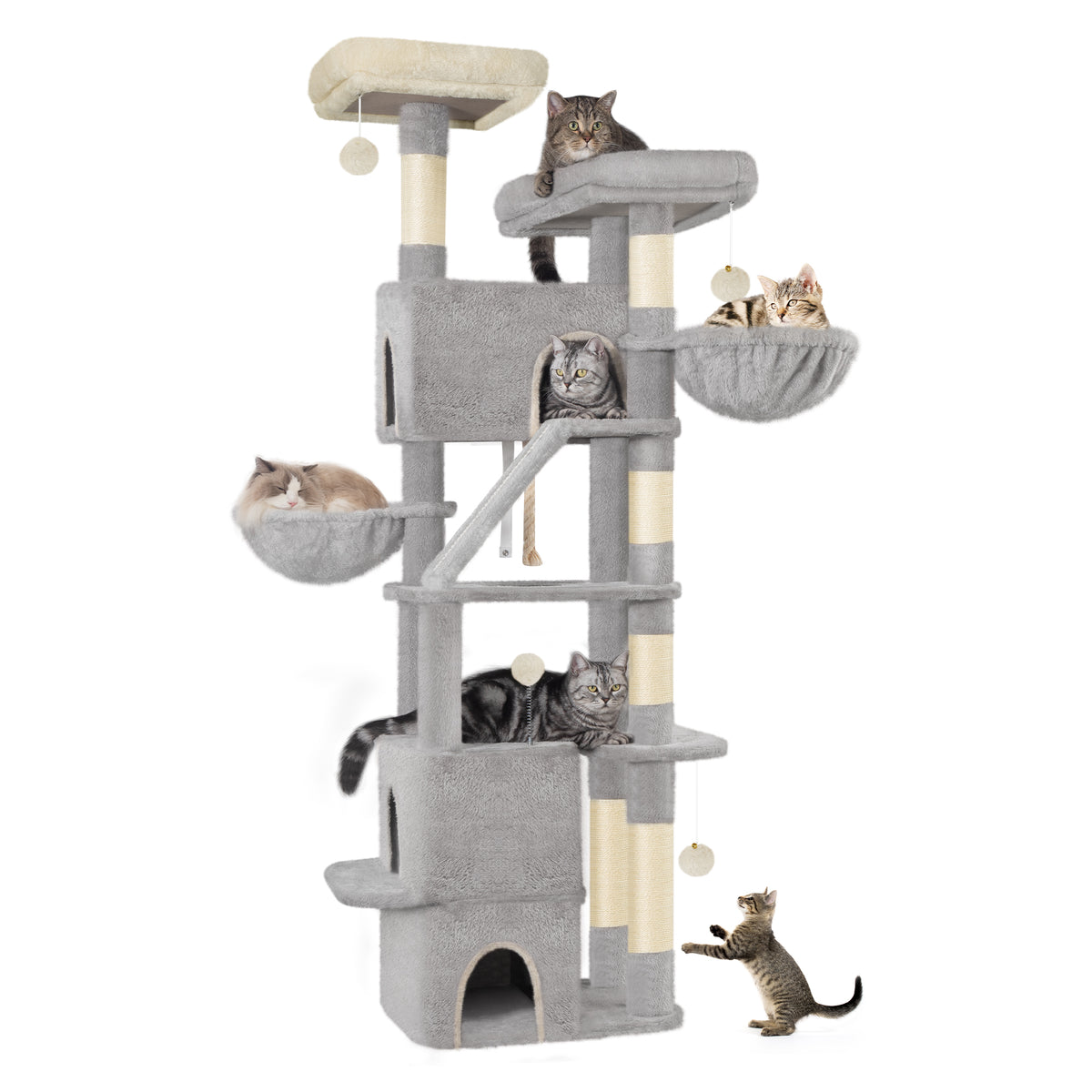HEXCELEN  Large Cat Tree, 185cm Stable Cat Tree with 6 Scratching Posts, 3 Caves, 2 Viewing Platforms, 2 Baskets, 4 Plush Balls