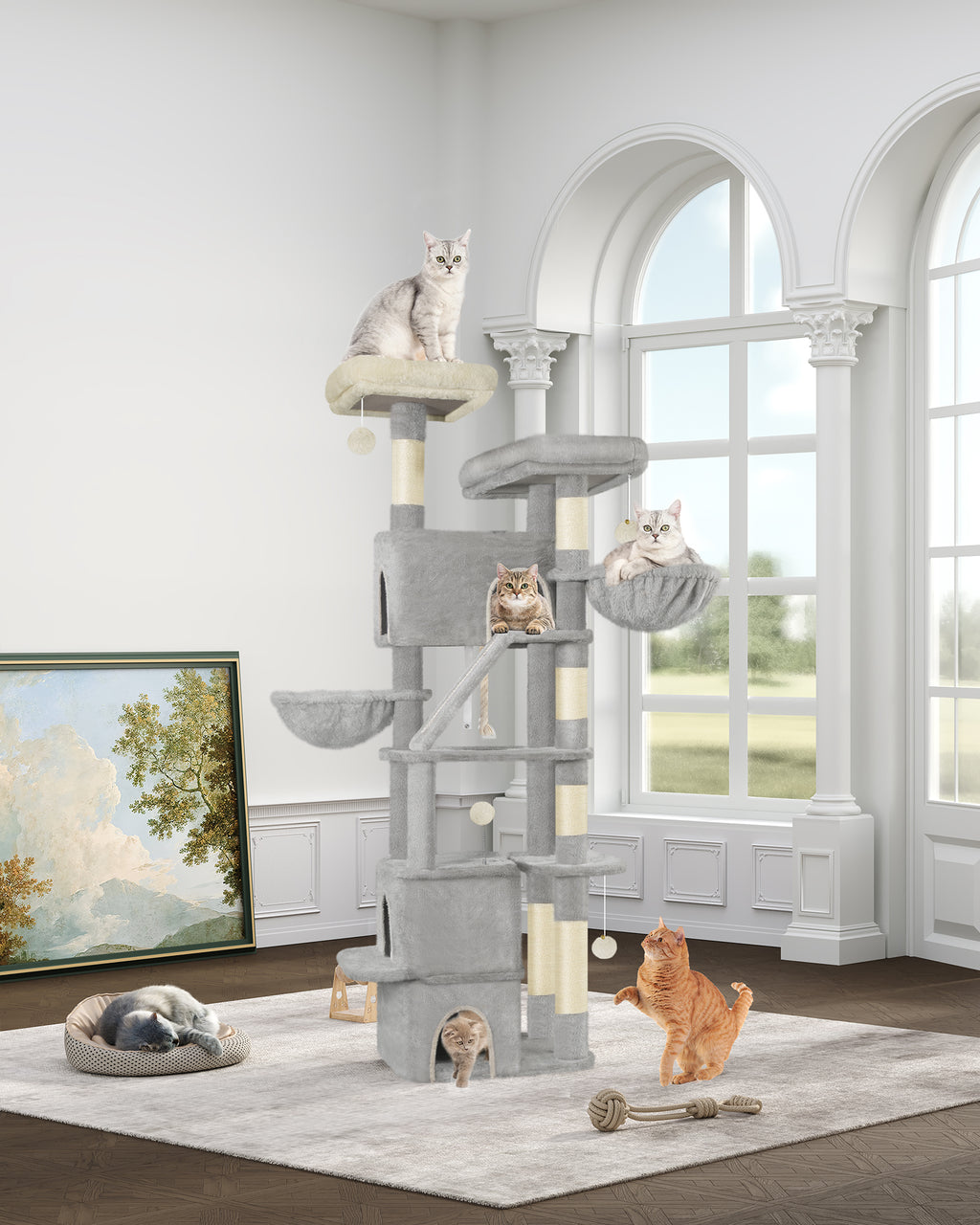 HEXCELEN  Large Cat Tree, 185cm Stable Cat Tree with 6 Scratching Posts, 3 Caves, 2 Viewing Platforms, 2 Baskets, 4 Plush Balls