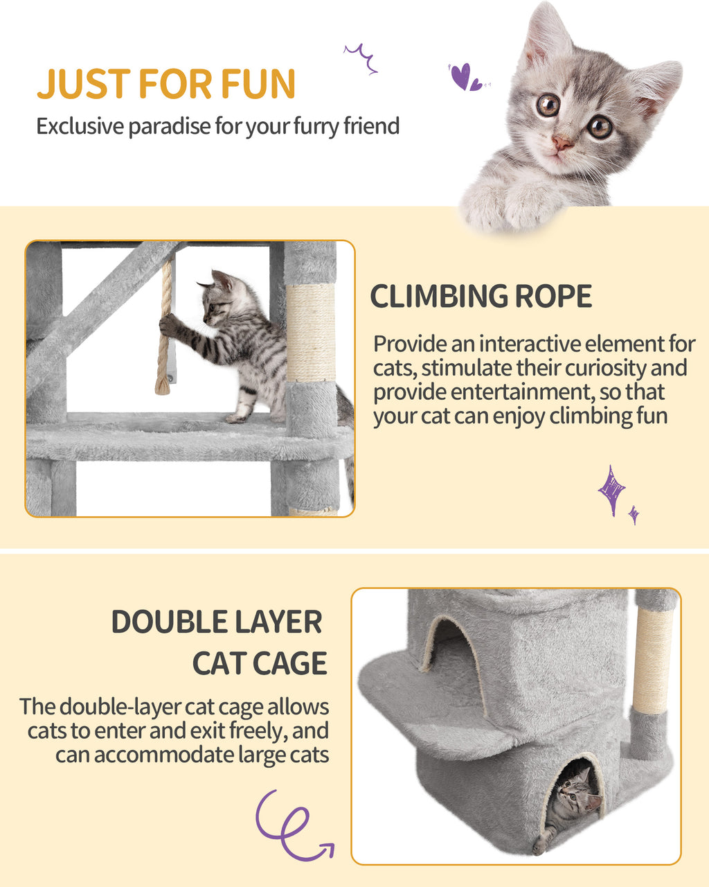 HEXCELEN  Large Cat Tree, 185cm Stable Cat Tree with 6 Scratching Posts, 3 Caves, 2 Viewing Platforms, 2 Baskets, 4 Plush Balls