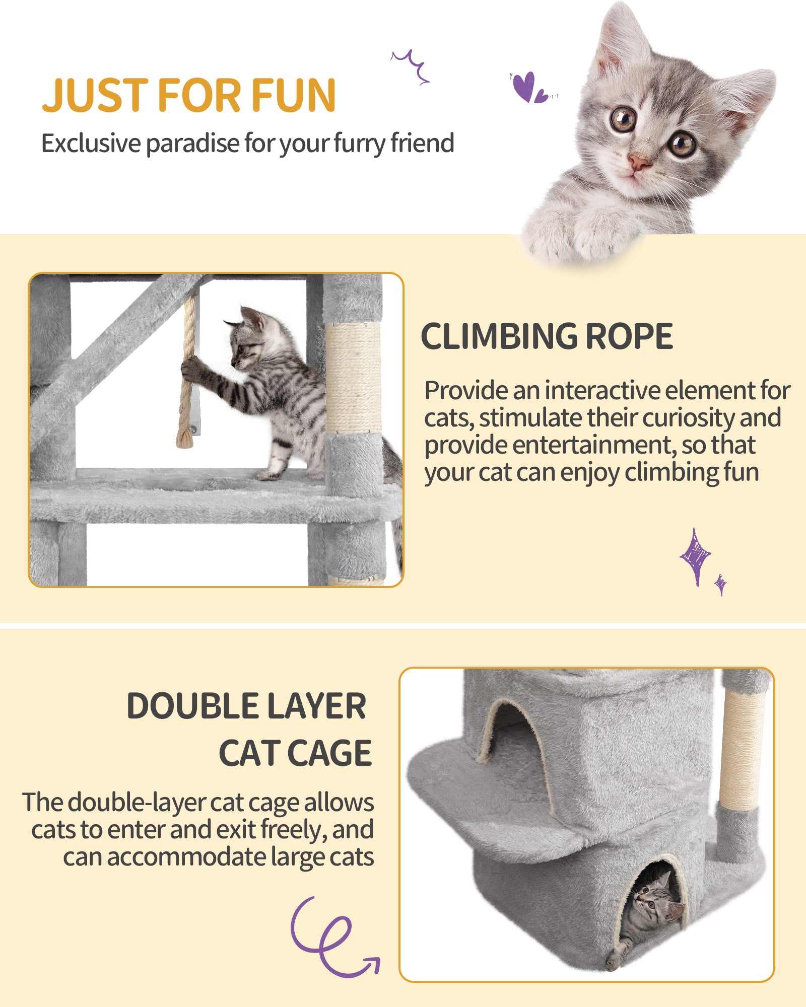 HEXCELEN  Large Cat Tree, 185cm Stable Cat Tree with 6 Scratching Posts, 3 Caves, 2 Viewing Platforms, 2 Baskets, 4 Plush Balls