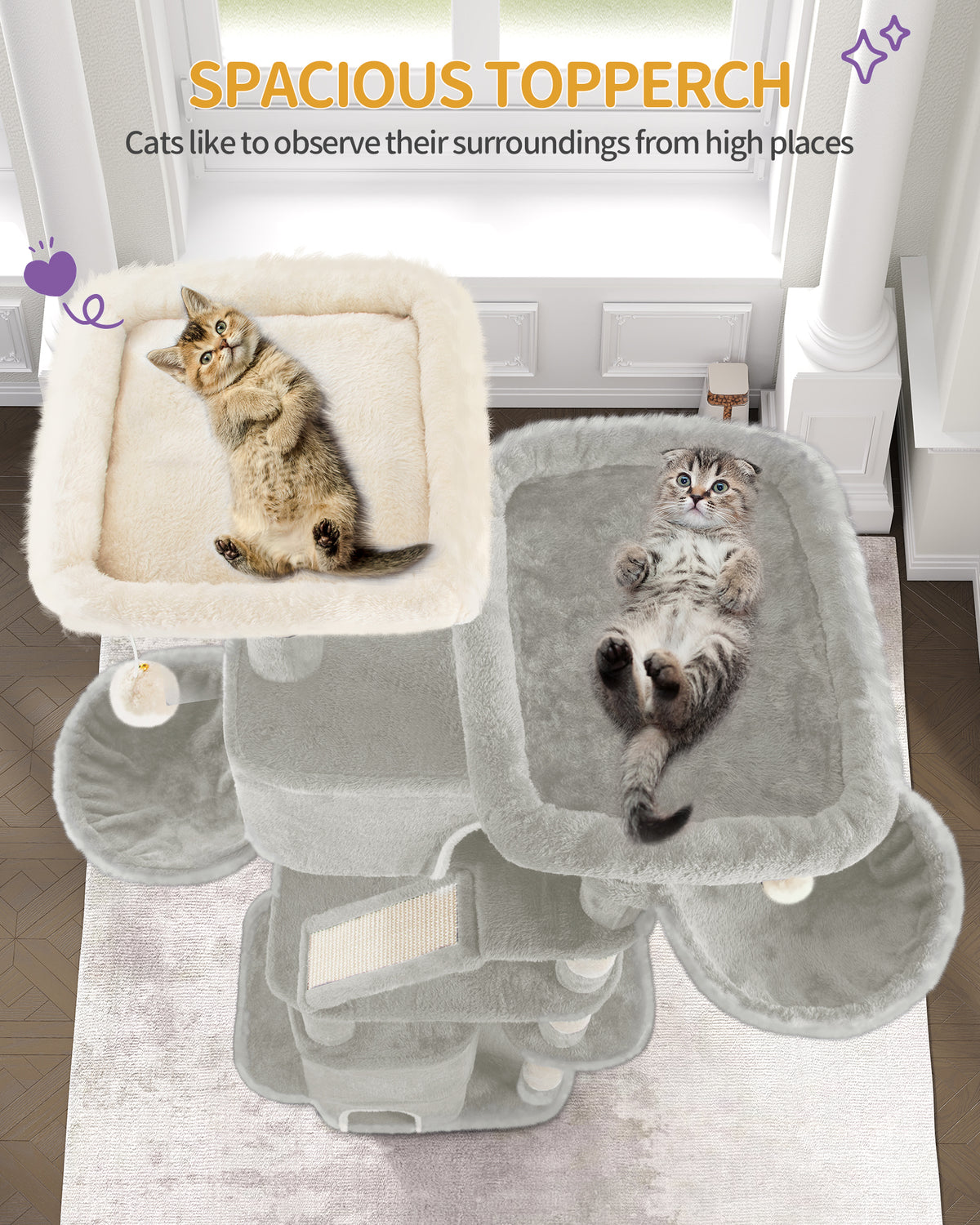 HEXCELEN  Large Cat Tree, 185cm Stable Cat Tree with 6 Scratching Posts, 3 Caves, 2 Viewing Platforms, 2 Baskets, 4 Plush Balls