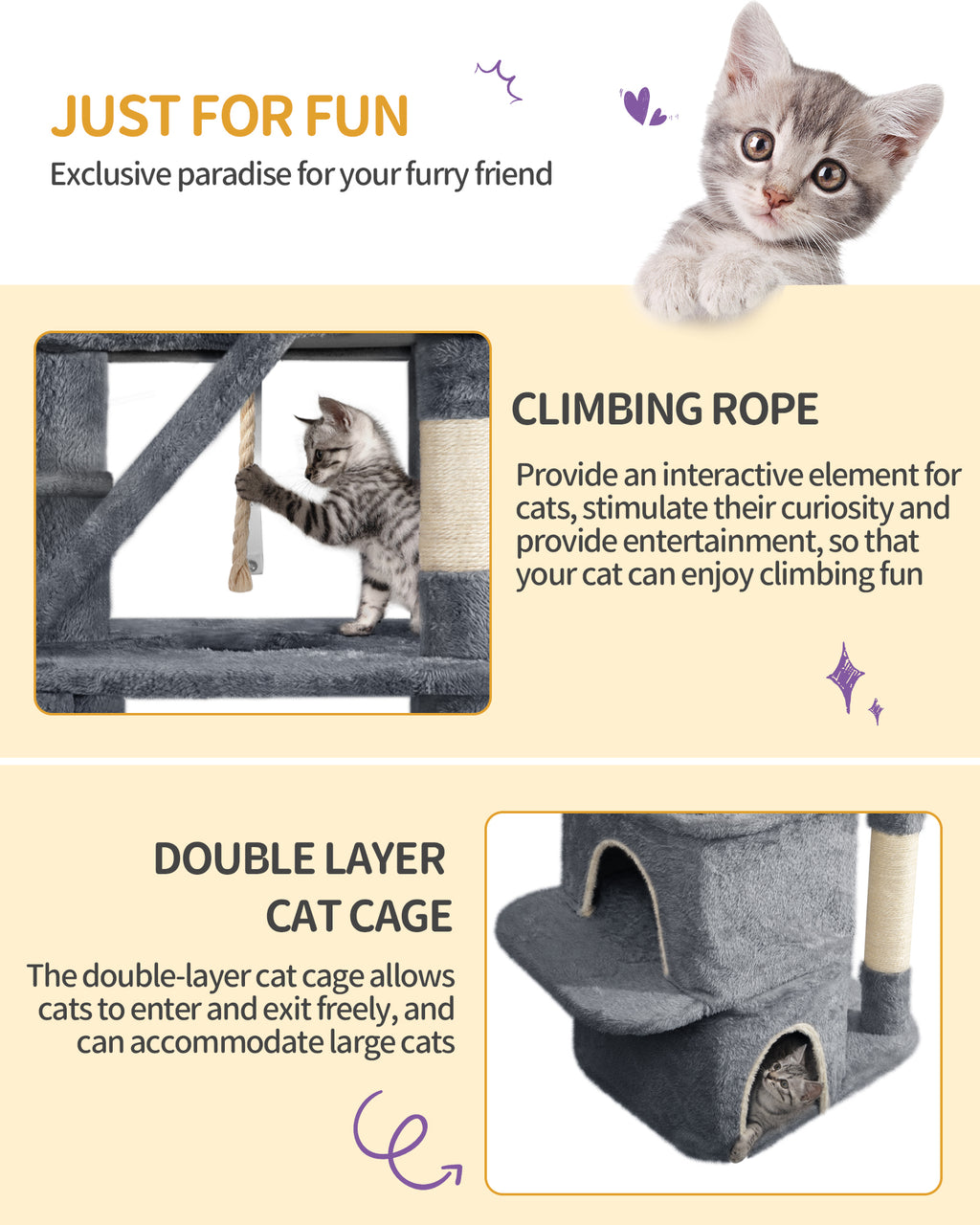 HEXCELEN  Large Cat Tree, 185cm Stable Cat Tree with 6 Scratching Posts, 3 Caves, 2 Viewing Platforms, 2 Baskets, 4 Plush Balls