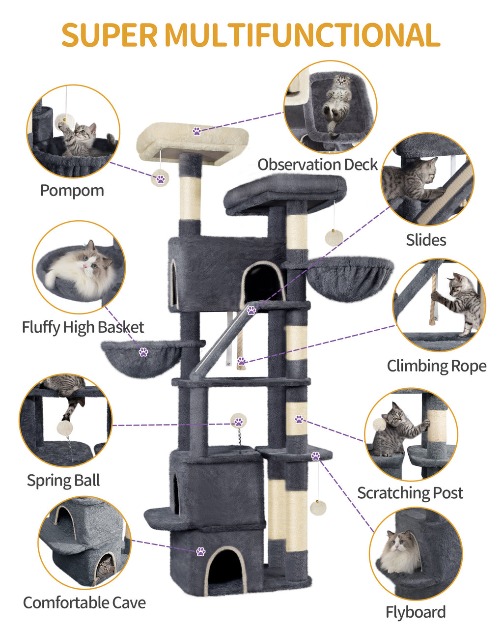 HEXCELEN  Large Cat Tree, 185cm Stable Cat Tree with 6 Scratching Posts, 3 Caves, 2 Viewing Platforms, 2 Baskets, 4 Plush Balls