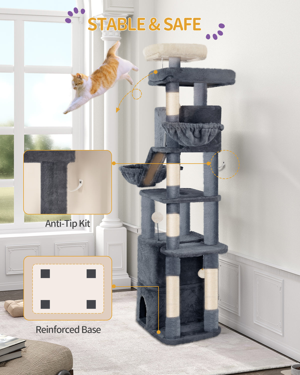 HEXCELEN  Large Cat Tree, 185cm Stable Cat Tree with 6 Scratching Posts, 3 Caves, 2 Viewing Platforms, 2 Baskets, 4 Plush Balls