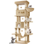 Hzuaneri Large Cat Scratching Post, 210 cm High, with 8 Scratching Posts, 2 Caves, Large Platforms, Washable Mat, Hammock, Plush Balls, Multi-Level Cat Scratching Post, Camel Brown MS21018LC