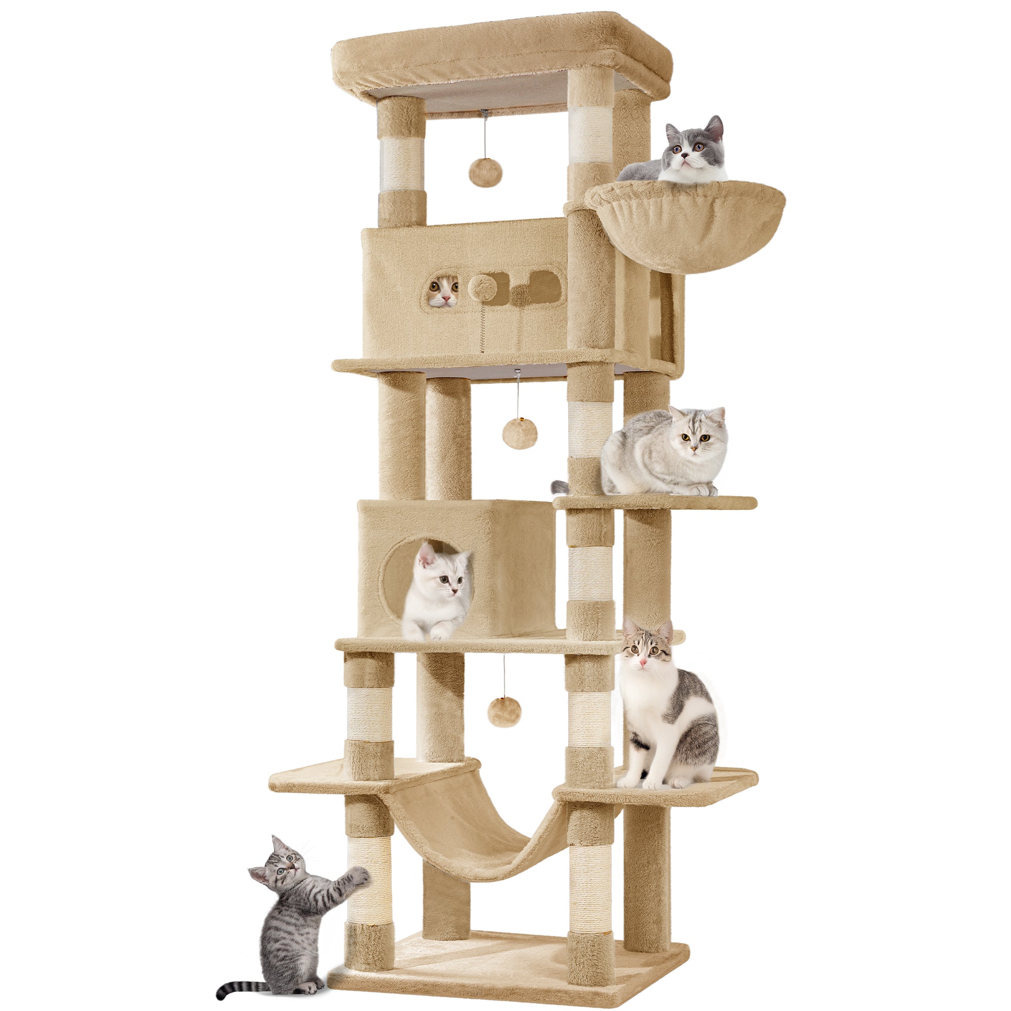 Hzuaneri Large Cat Scratching Post, 210 cm High, with 8 Scratching Posts, 2 Caves, Large Platforms, Washable Mat, Hammock, Plush Balls, Multi-Level Cat Scratching Post, Camel Brown MS21018LC