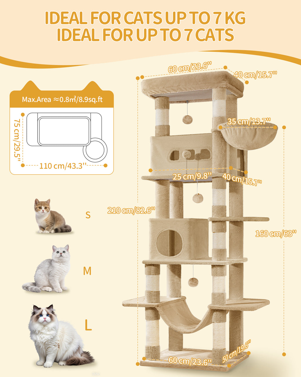 Hzuaneri Large Cat Scratching Post, 210 cm High, with 8 Scratching Posts, 2 Caves, Large Platforms, Washable Mat, Hammock, Plush Balls, Multi-Level Cat Scratching Post, Camel Brown MS21018LC
