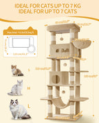 Hzuaneri Large Cat Scratching Post, 210 cm High, with 8 Scratching Posts, 2 Caves, Large Platforms, Washable Mat, Hammock, Plush Balls, Multi-Level Cat Scratching Post, Camel Brown MS21018LC