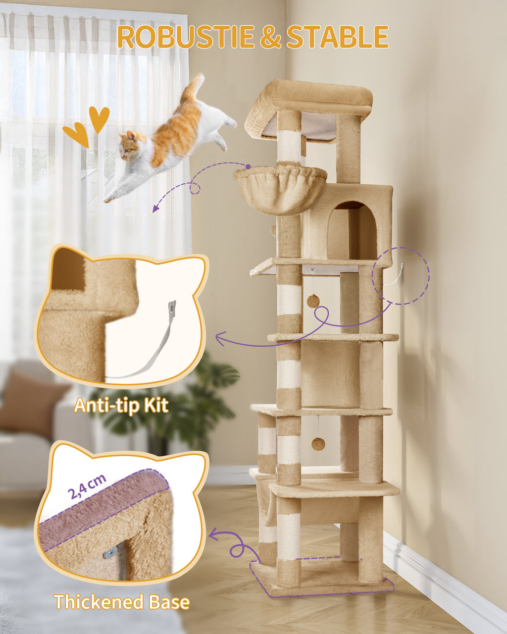 Hzuaneri Large Cat Scratching Post, 210 cm High, with 8 Scratching Posts, 2 Caves, Large Platforms, Washable Mat, Hammock, Plush Balls, Multi-Level Cat Scratching Post, Camel Brown MS21018LC