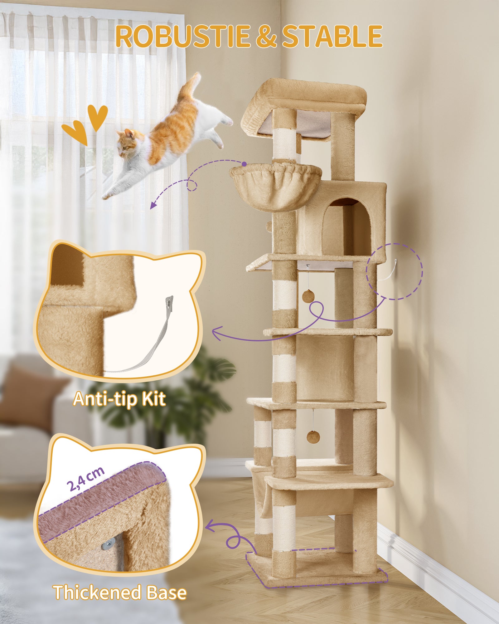 Hzuaneri Large Cat Scratching Post, 210 cm High, with 8 Scratching Posts, 2 Caves, Large Platforms, Washable Mat, Hammock, Plush Balls, Multi-Level Cat Scratching Post, Camel Brown MS21018LC