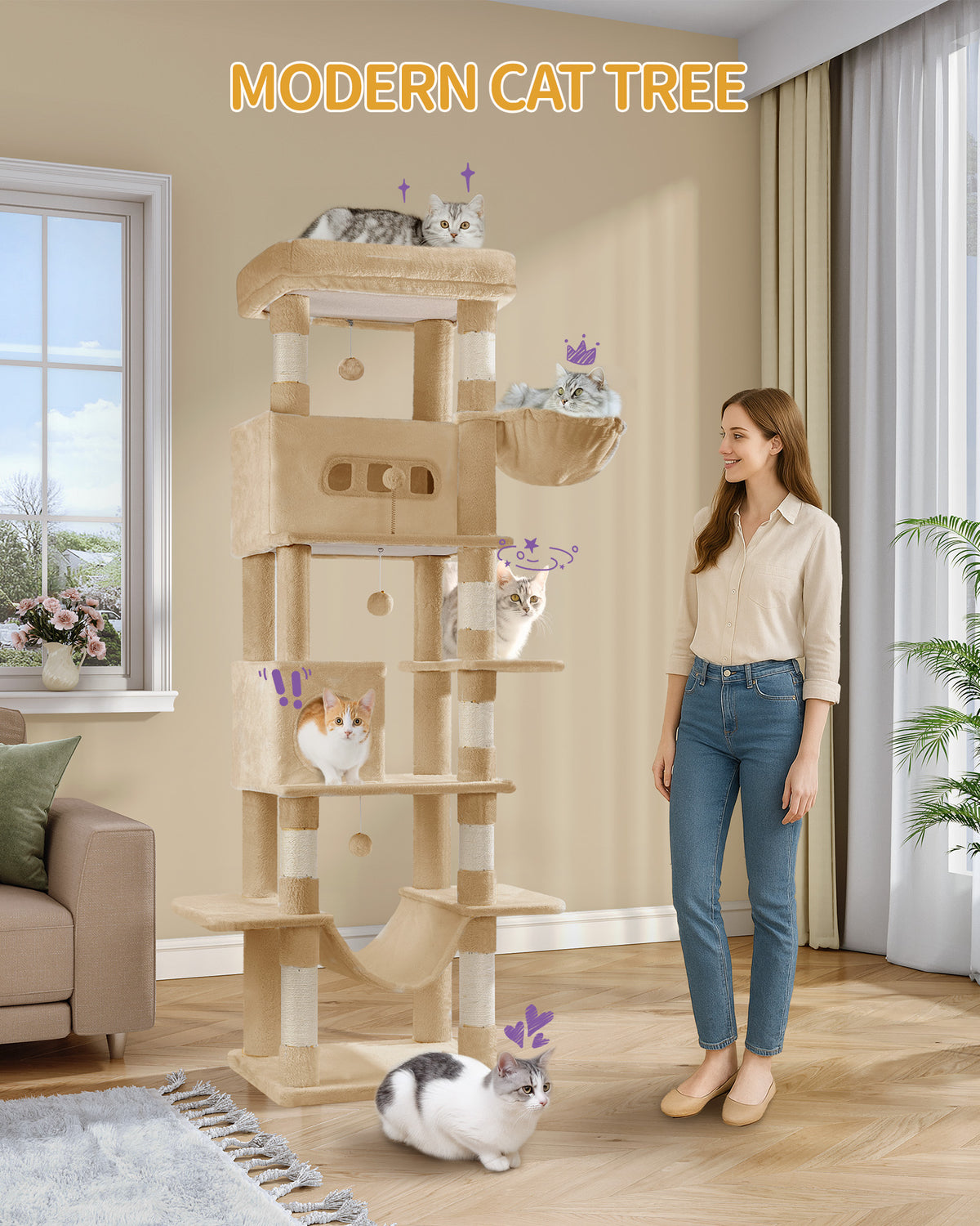 Hzuaneri Large Cat Scratching Post, 210 cm High, with 8 Scratching Posts, 2 Caves, Large Platforms, Washable Mat, Hammock, Plush Balls, Multi-Level Cat Scratching Post, Camel Brown MS21018LC