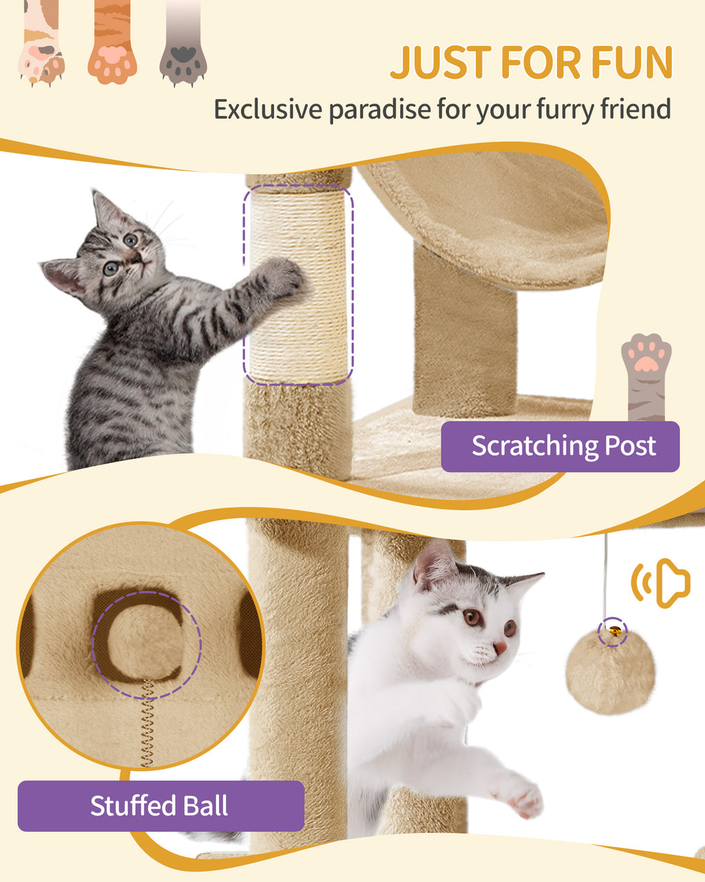 Hzuaneri Large Cat Scratching Post, 210 cm High, with 8 Scratching Posts, 2 Caves, Large Platforms, Washable Mat, Hammock, Plush Balls, Multi-Level Cat Scratching Post, Camel Brown MS21018LC