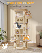 Hzuaneri Large Cat Scratching Post, 210 cm High, with 8 Scratching Posts, 2 Caves, Large Platforms, Washable Mat, Hammock, Plush Balls, Multi-Level Cat Scratching Post, Camel Brown MS21018LC