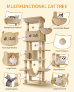Hzuaneri Large Cat Scratching Post, 210 cm High, with 8 Scratching Posts, 2 Caves, Large Platforms, Washable Mat, Hammock, Plush Balls, Multi-Level Cat Scratching Post, Camel Brown MS21018LC
