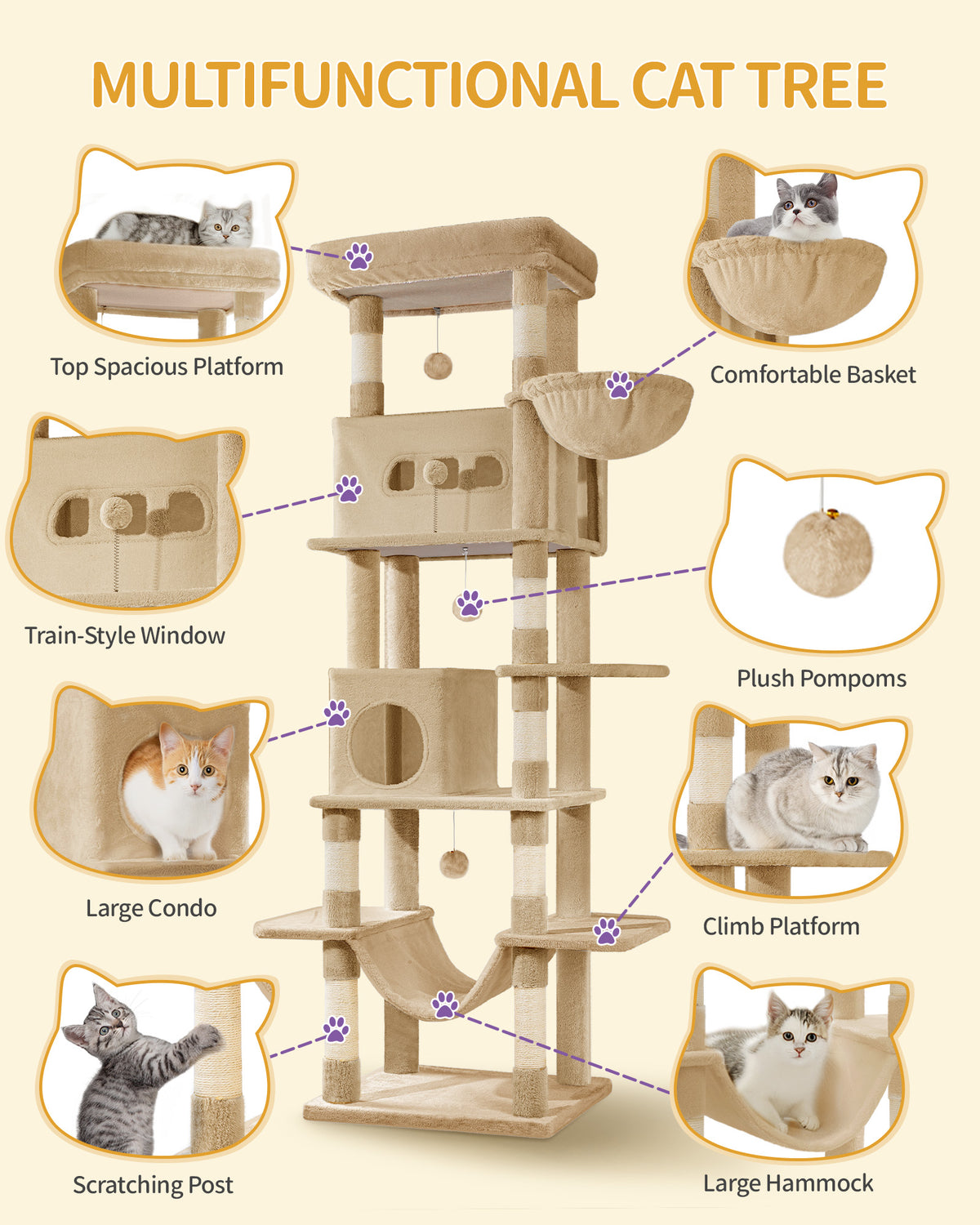 Hzuaneri Large Cat Scratching Post, 210 cm High, with 8 Scratching Posts, 2 Caves, Large Platforms, Washable Mat, Hammock, Plush Balls, Multi-Level Cat Scratching Post, Camel Brown MS21018LC